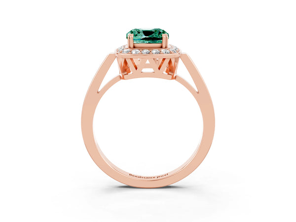 Rose gold Cushion Cut Green Sapphire Halo Ring with Split Shank and Four-Prong Setting