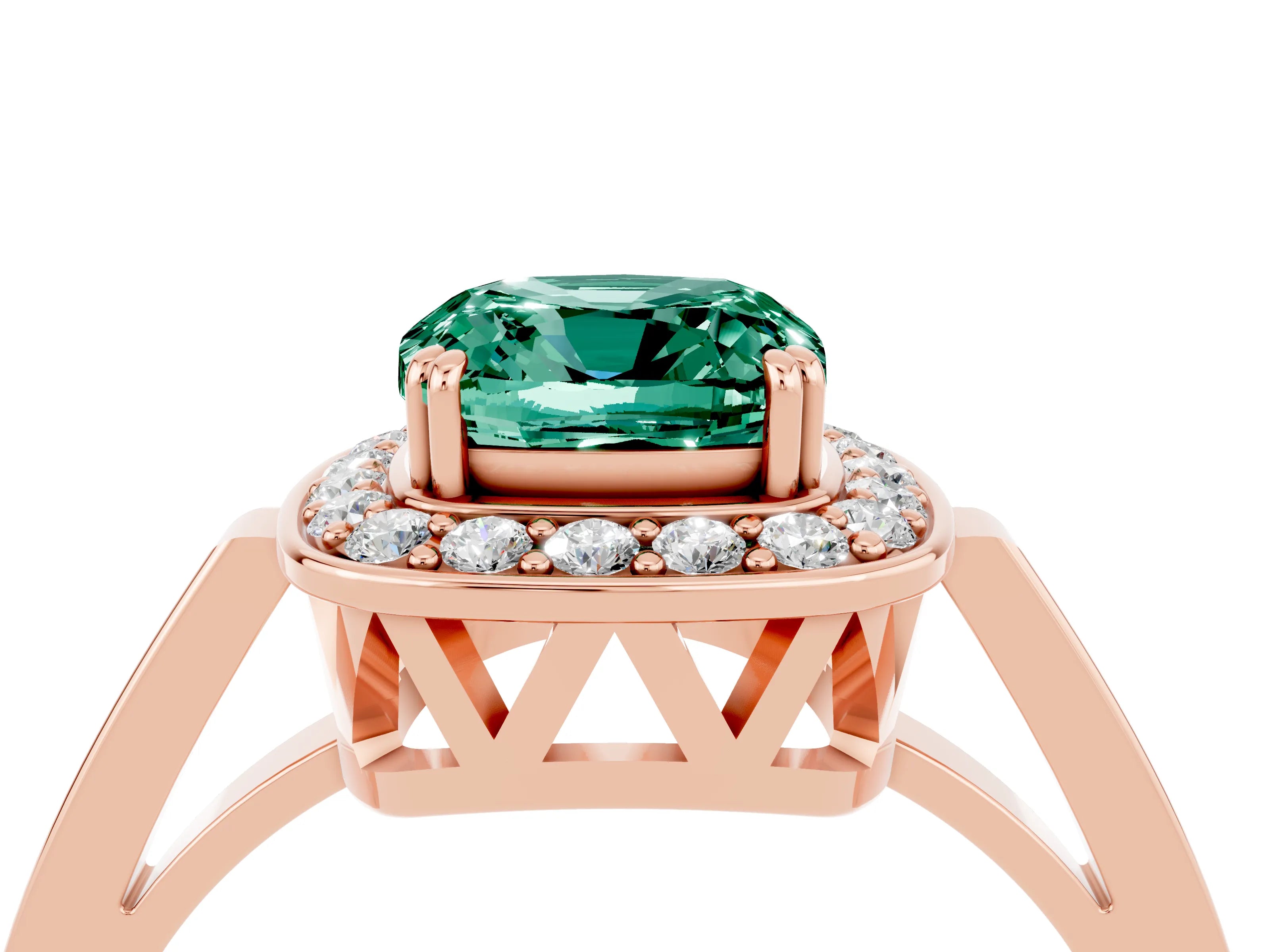 Rose gold Cushion Cut Green Sapphire Halo Ring with Split Shank and Four-Prong Setting_4