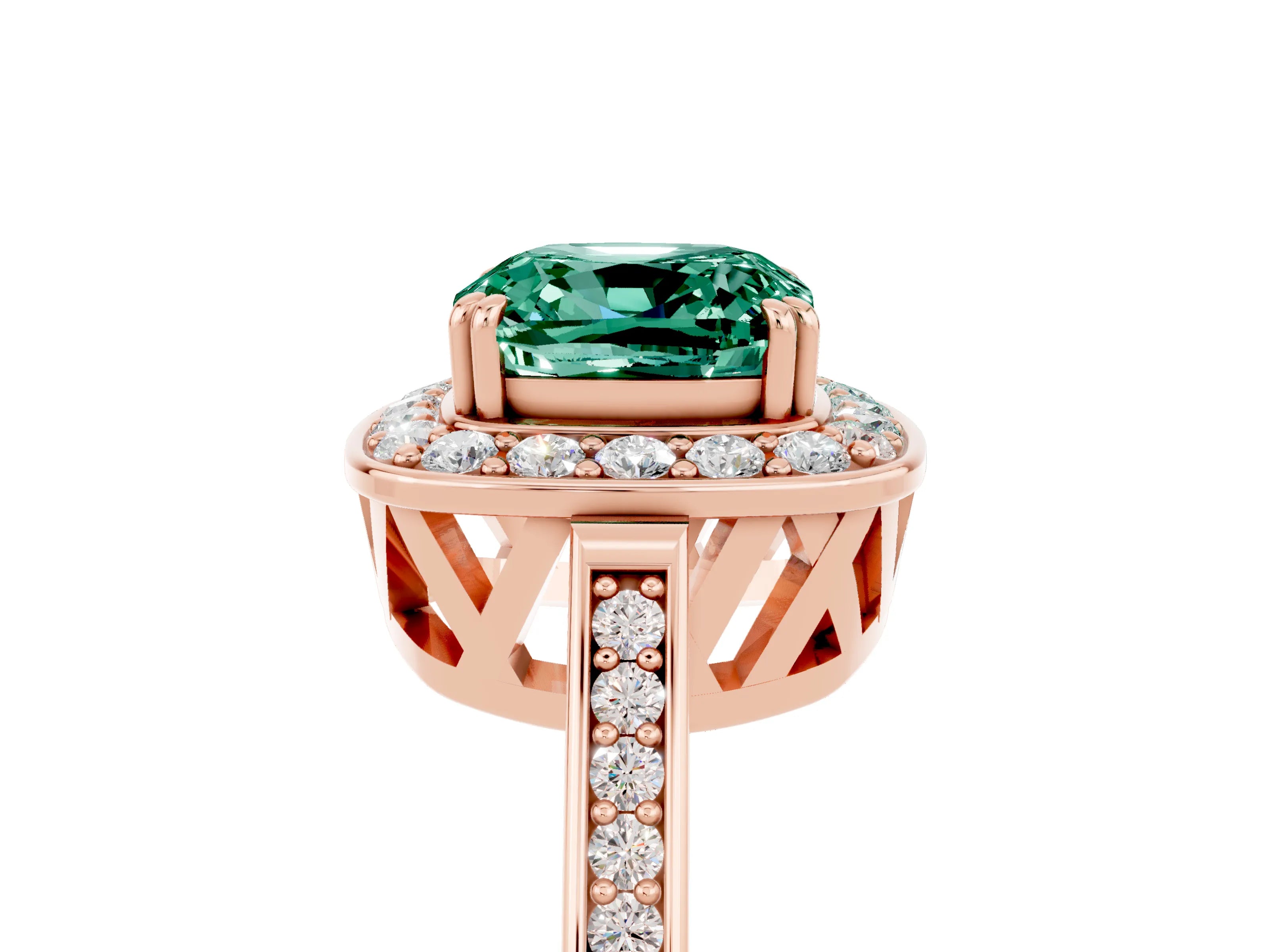 Rose gold Cushion Cut Green Sapphire Halo Ring with Split Shank and Four-Prong Setting_5