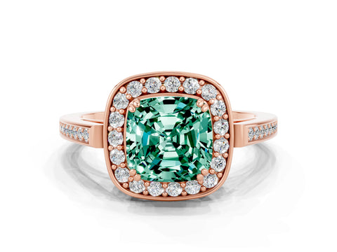 Rose gold Cushion Cut Green Sapphire Halo Ring with Split Shank and Four-Prong Setting