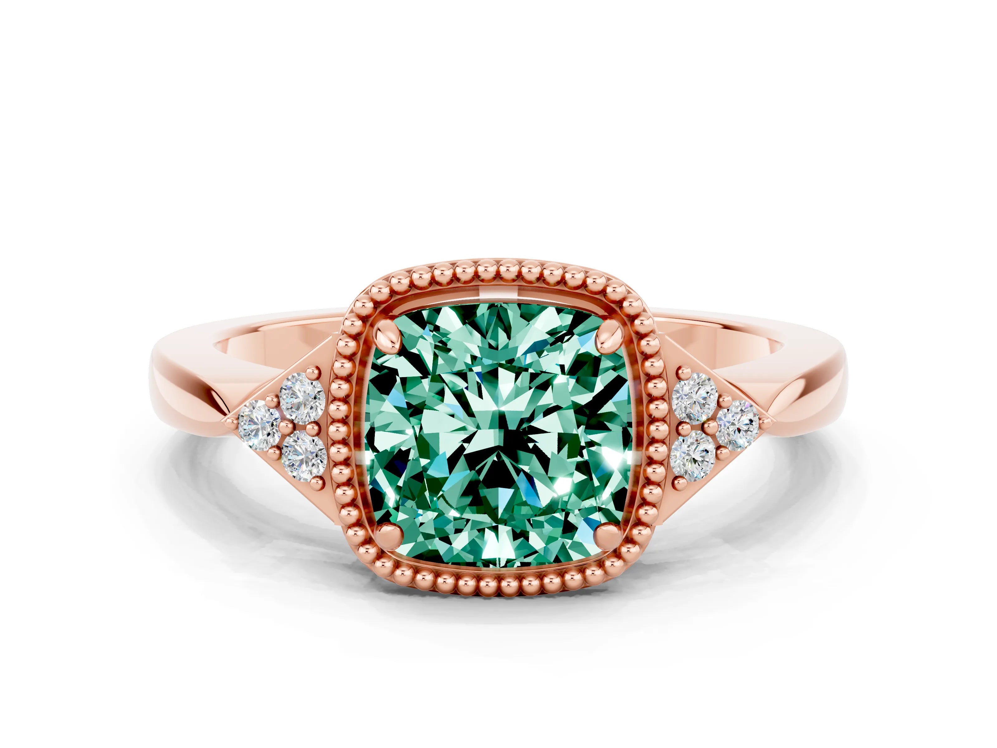 Rose gold Cushion Cut Green Sapphire Halo Ring with Tapered Band and Four-Prong Setting