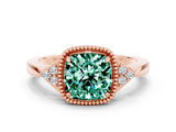 Rose gold Cushion Cut Green Sapphire Halo Ring with Tapered Band and Four-Prong Setting