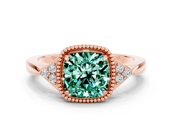 Rose gold Cushion Cut Green Sapphire Halo Ring with Tapered Band and Four-Prong Setting