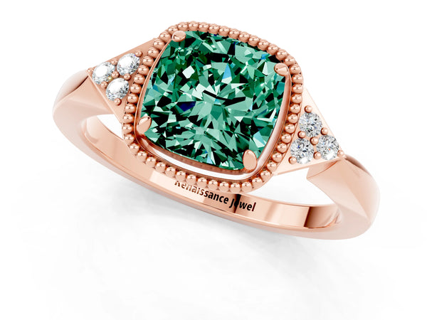 Rose gold Cushion Cut Green Sapphire Halo Ring with Tapered Band and Four-Prong Setting