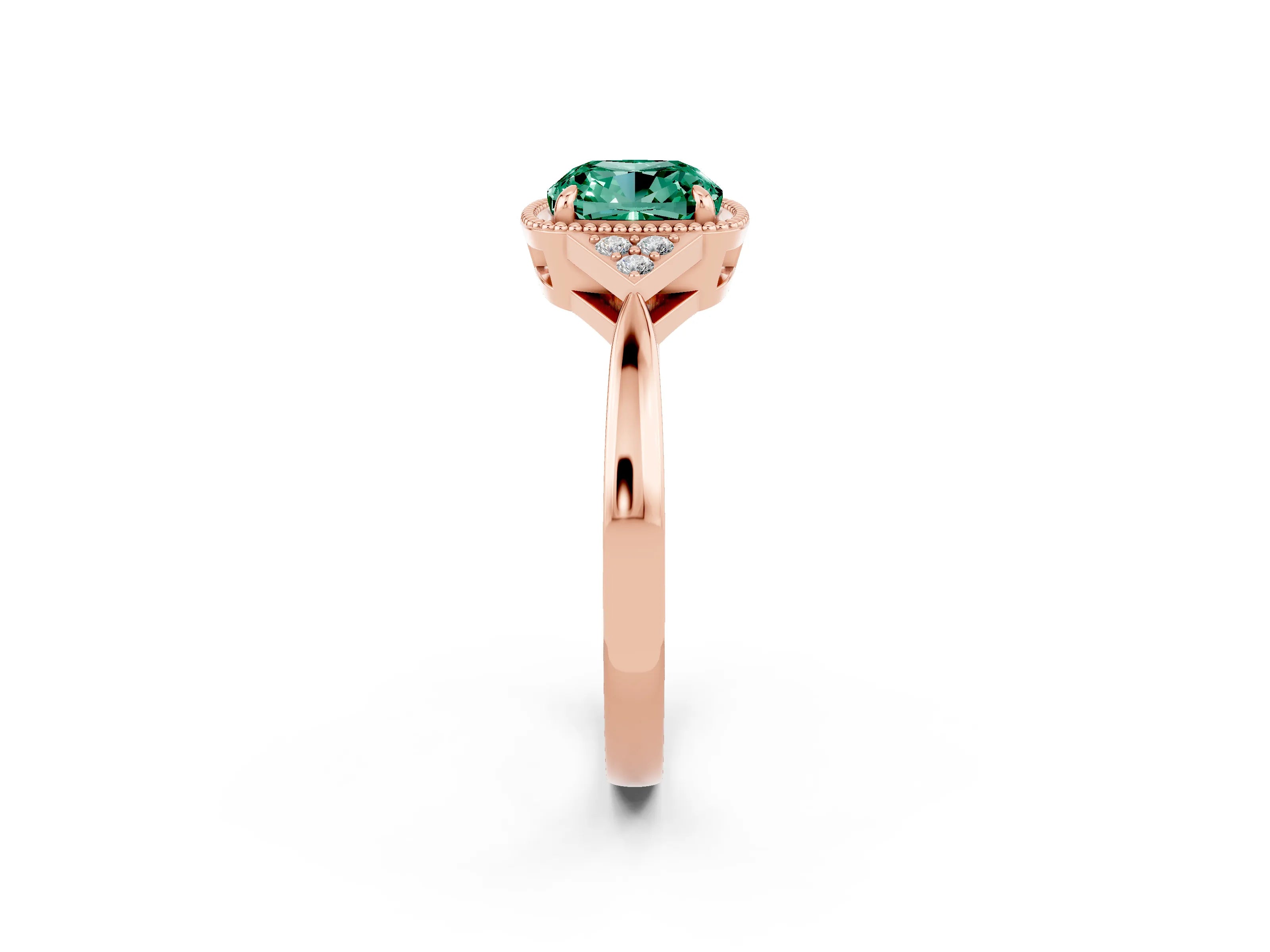 Rose gold Cushion Cut Green Sapphire Halo Ring with Tapered Band and Four-Prong Setting_2