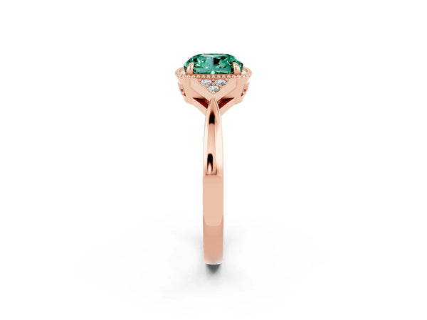 Rose gold Cushion Cut Green Sapphire Halo Ring with Tapered Band and Four-Prong Setting