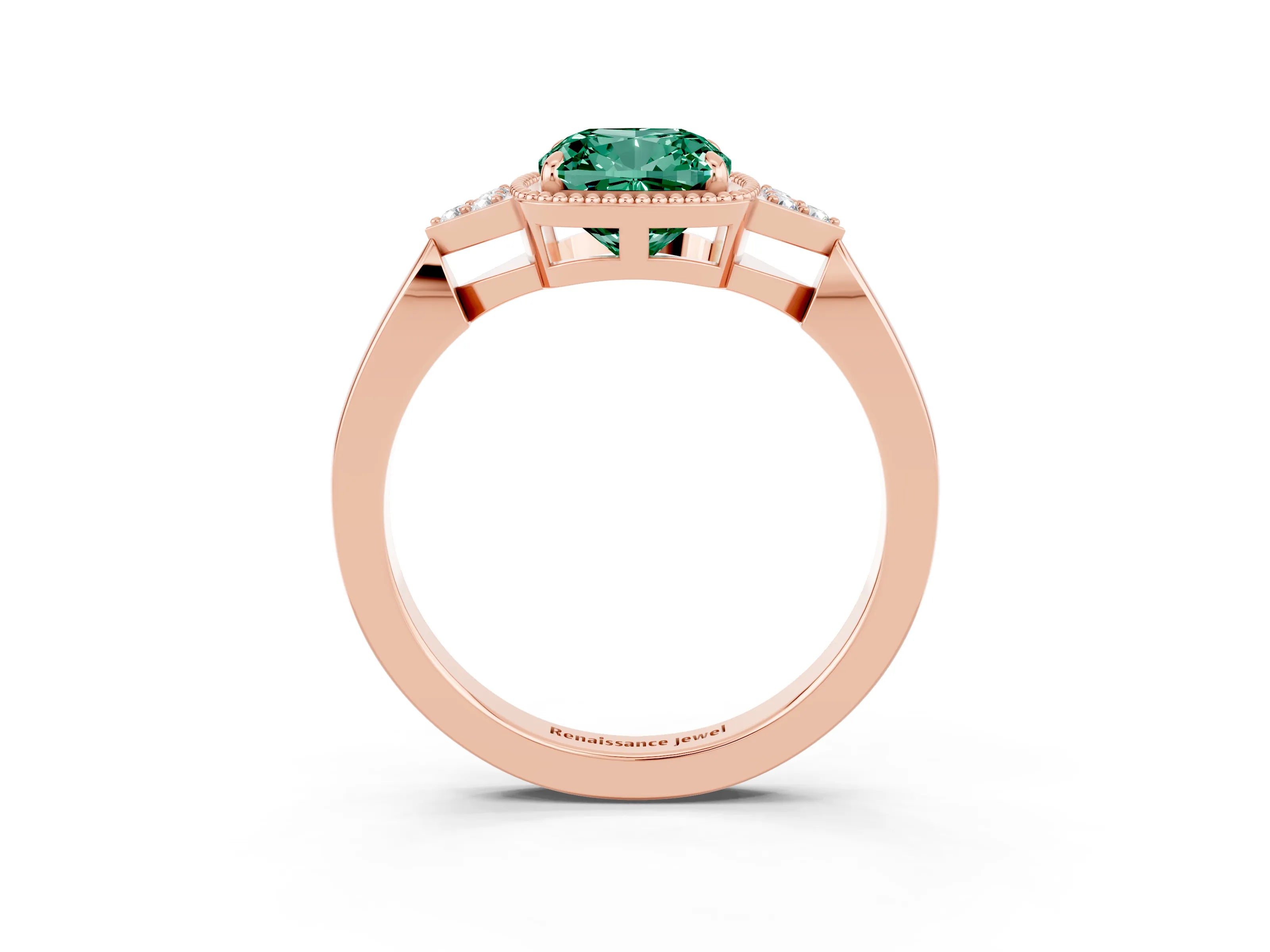 Rose gold Cushion Cut Green Sapphire Halo Ring with Tapered Band and Four-Prong Setting_3