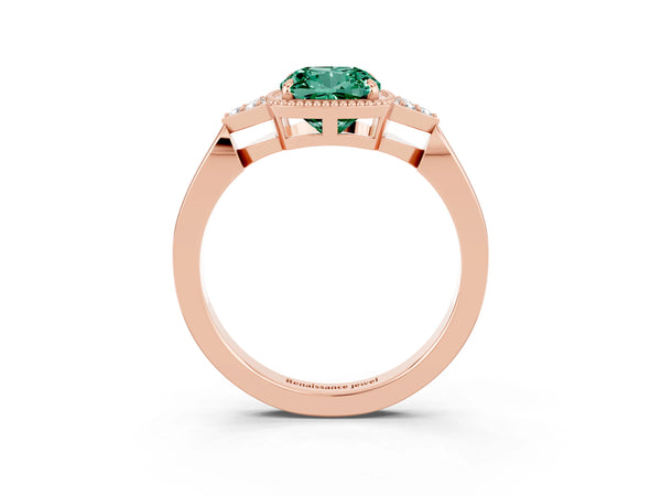 Rose gold Cushion Cut Green Sapphire Halo Ring with Tapered Band and Four-Prong Setting