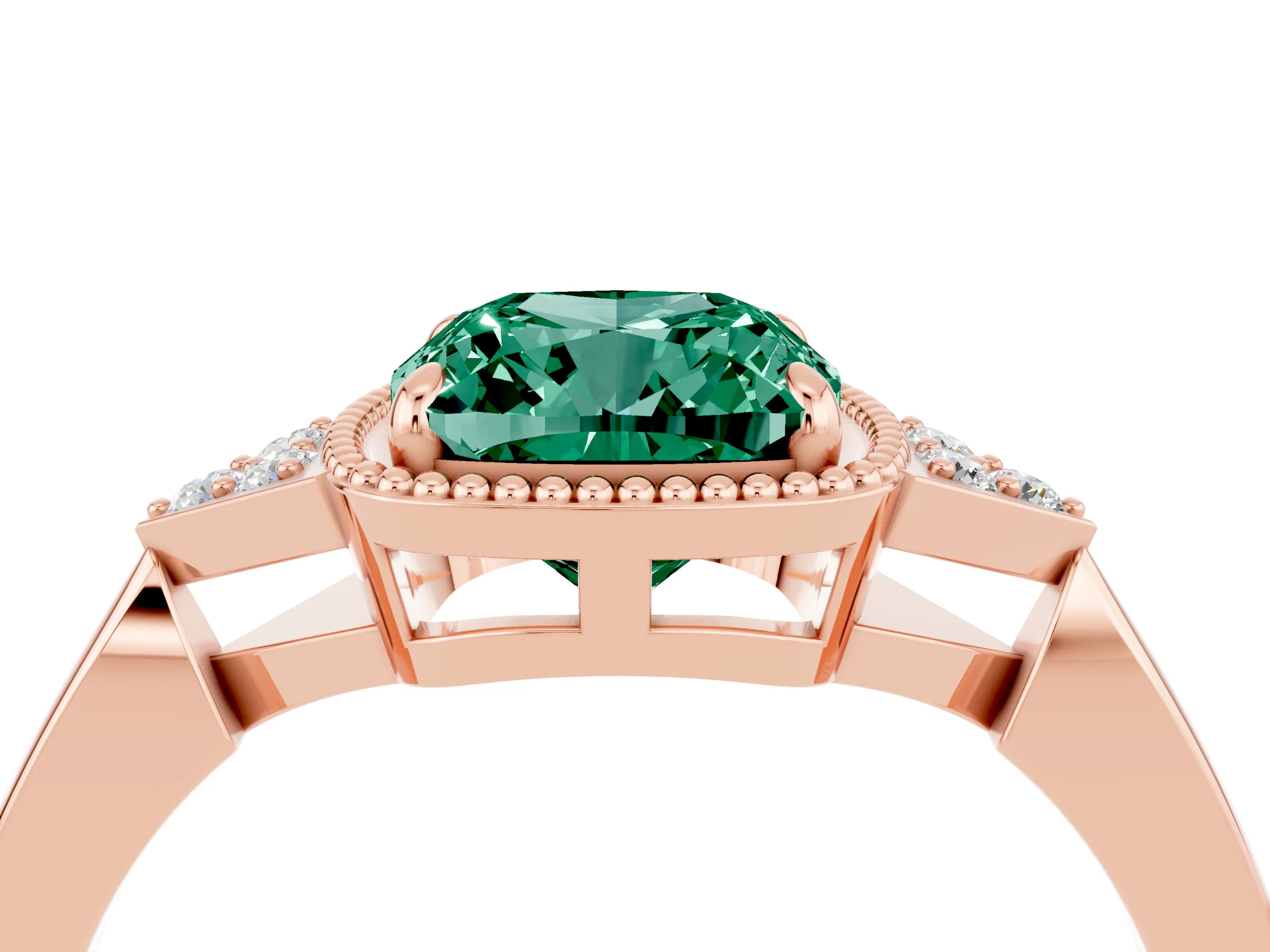 Rose gold Cushion Cut Green Sapphire Halo Ring with Tapered Band and Four-Prong Setting_4