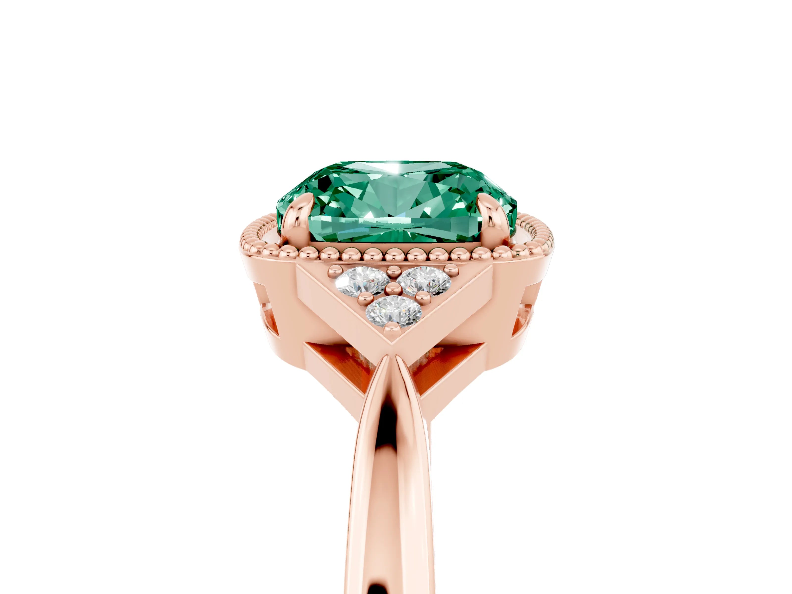 Rose gold Cushion Cut Green Sapphire Halo Ring with Tapered Band and Four-Prong Setting_5