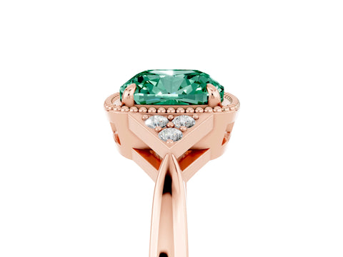 Rose gold Cushion Cut Green Sapphire Halo Ring with Tapered Band and Four-Prong Setting_5