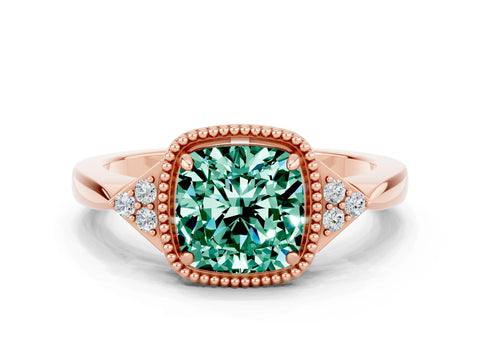 Rose gold Cushion Cut Green Sapphire Halo Ring with Tapered Band and Four-Prong Setting