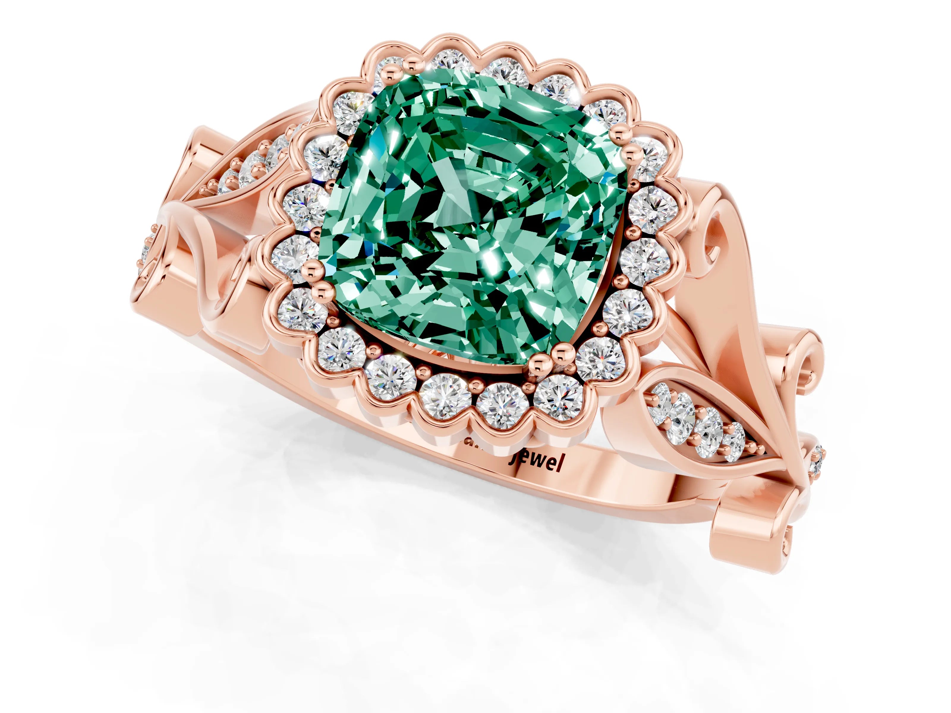 Rose gold Cushion Cut Green Sapphire Halo Ring with Vintage Split Shank and Four-Prong Setting_1