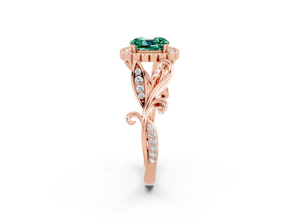 Rose gold Cushion Cut Green Sapphire Halo Ring with Vintage Split Shank and Four-Prong Setting