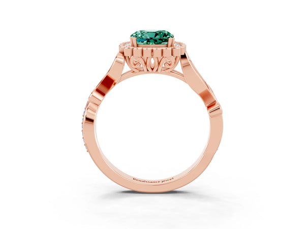 Rose gold Cushion Cut Green Sapphire Halo Ring with Vintage Split Shank and Four-Prong Setting