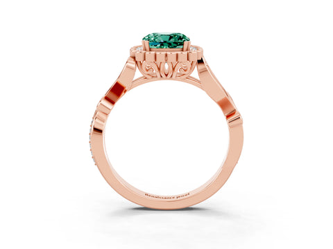 Rose gold Cushion Cut Green Sapphire Halo Ring with Vintage Split Shank and Four-Prong Setting_3