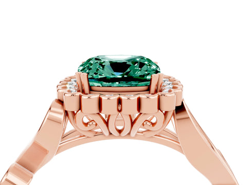 Rose gold Cushion Cut Green Sapphire Halo Ring with Vintage Split Shank and Four-Prong Setting_4