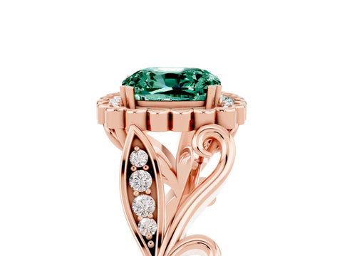 Rose gold Cushion Cut Green Sapphire Halo Ring with Vintage Split Shank and Four-Prong Setting_5