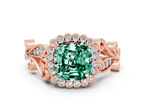 Rose gold Cushion Cut Green Sapphire Halo Ring with Vintage Split Shank and Four-Prong Setting