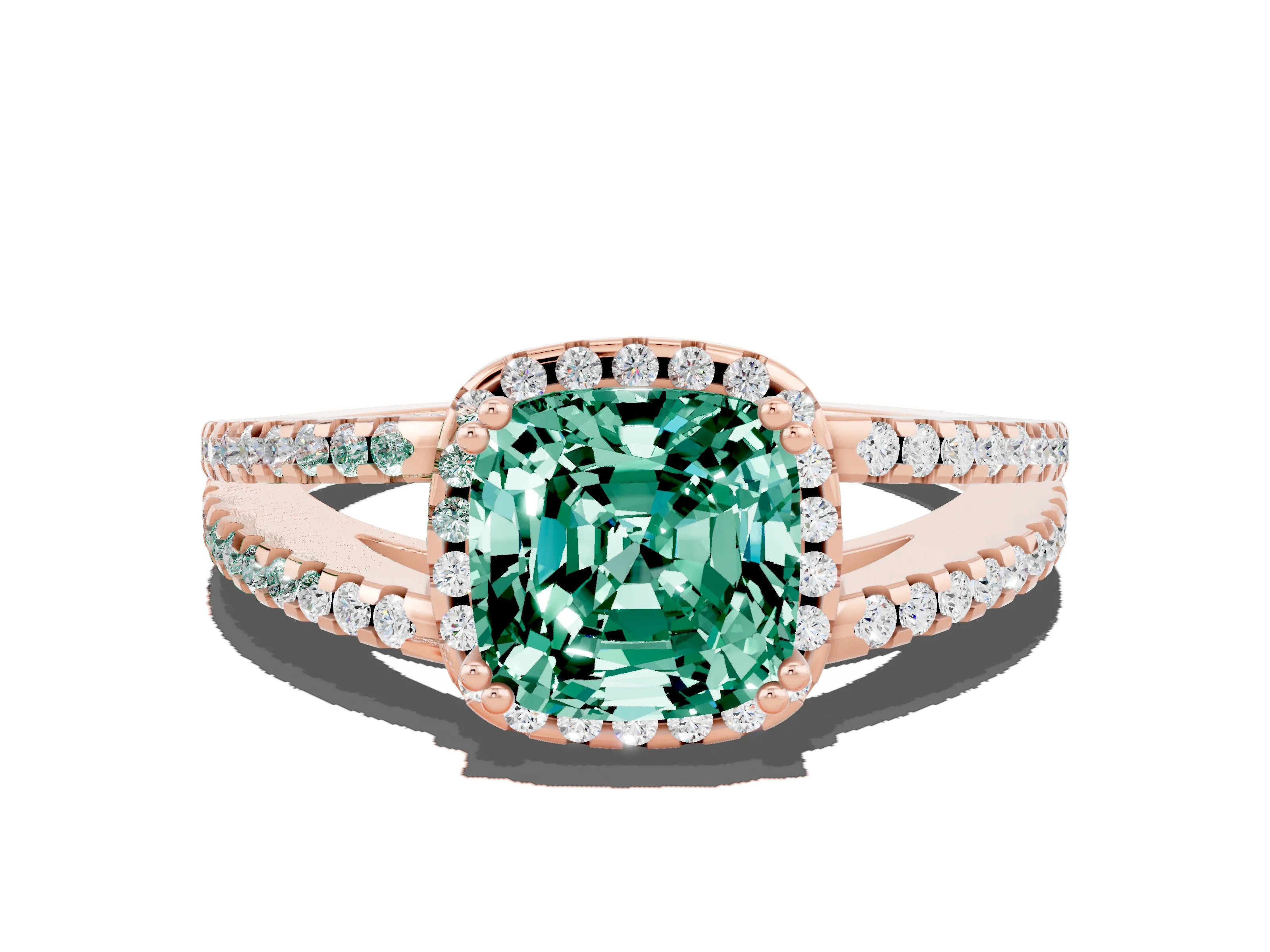 Rose gold Cushion Cut Green Sapphire Halo Split Shank Engagement Ring_12