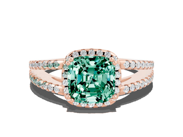 Rose gold Cushion Cut Green Sapphire Halo Split Shank Engagement Ring
