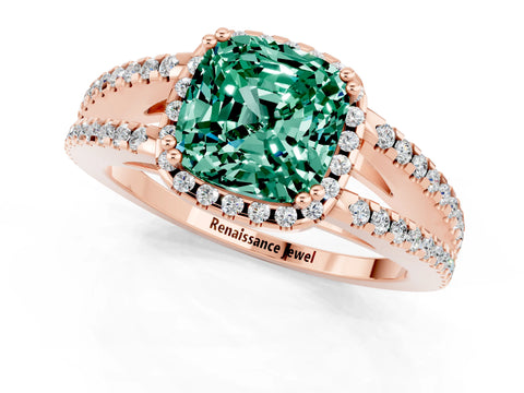 Rose gold Cushion Cut Green Sapphire Halo Split Shank Engagement Ring_13