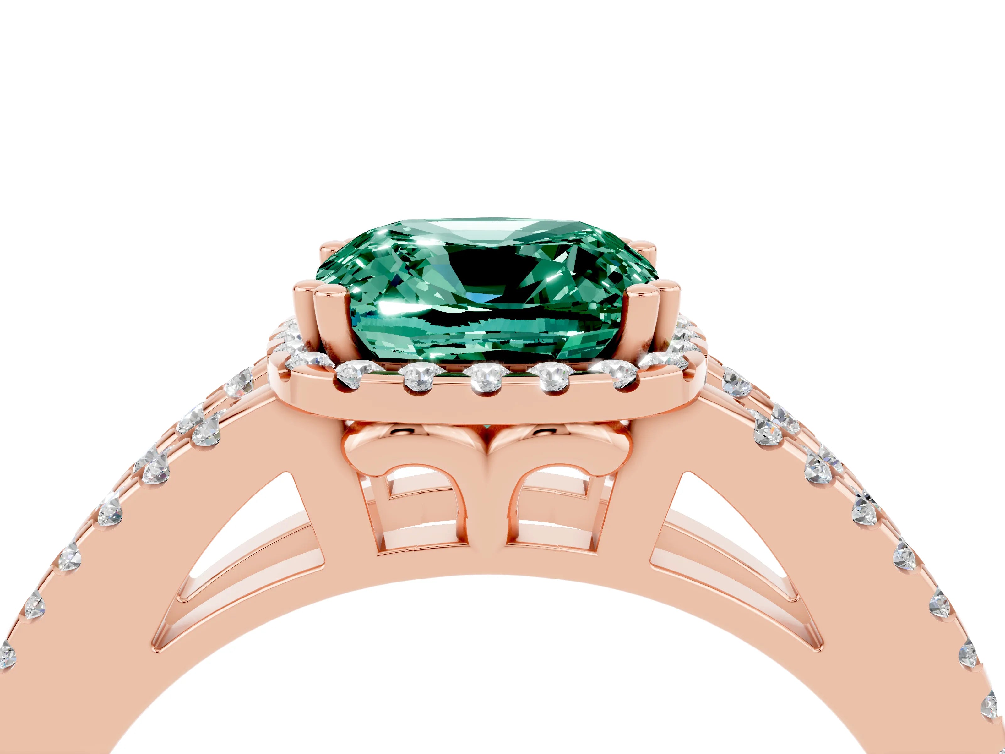Rose gold Cushion Cut Green Sapphire Halo Split Shank Engagement Ring_16