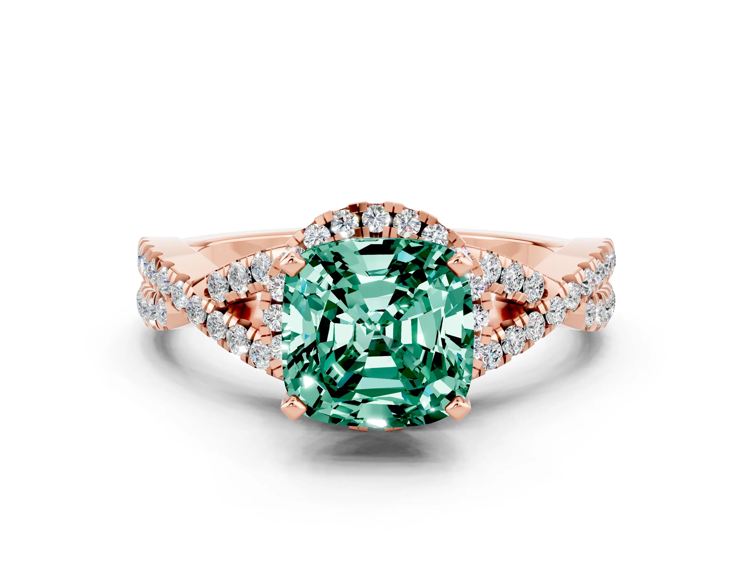 Rose gold Cushion Cut Green Sapphire Halo Twist Band Solitaire Prong Setting Ring