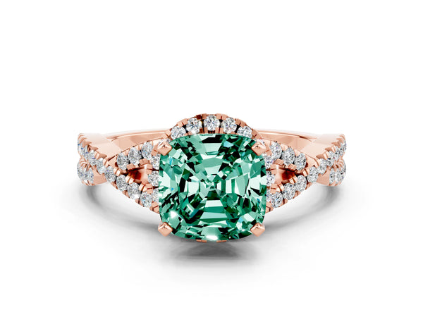 Rose gold Cushion Cut Green Sapphire  Halo Twist Band Solitaire Prong Setting Ring