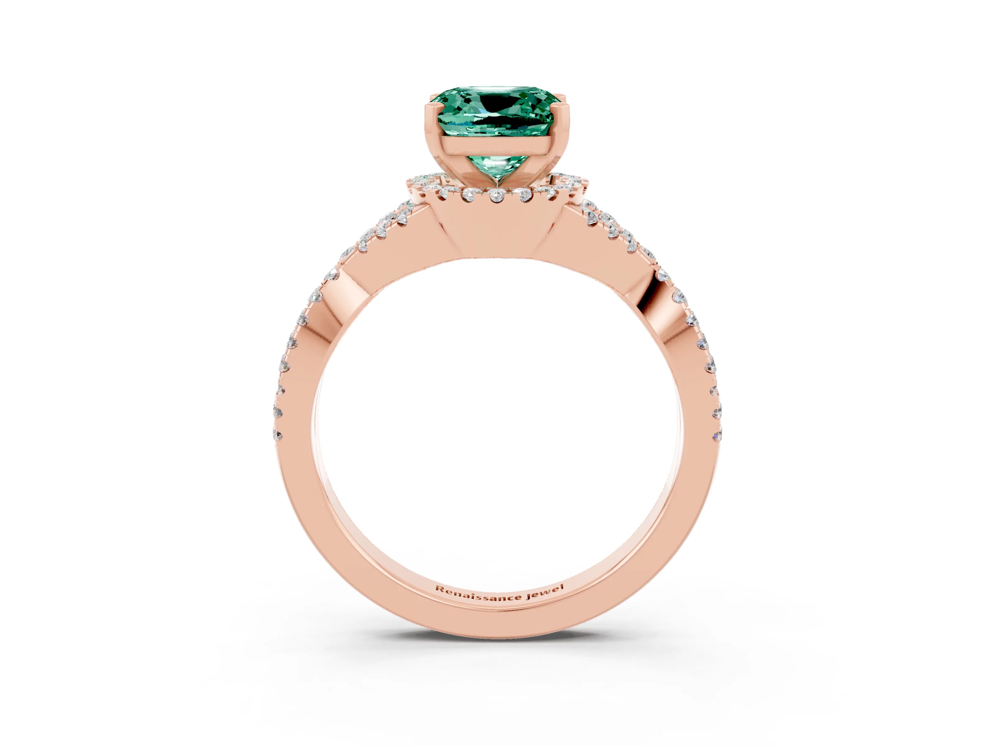 Rose gold Cushion Cut Green Sapphire Halo Twist Band Solitaire Prong Setting Ring_3