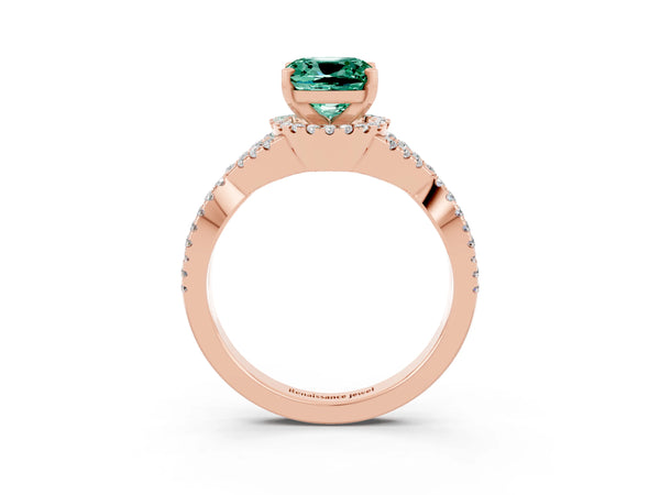 Rose gold Cushion Cut Green Sapphire  Halo Twist Band Solitaire Prong Setting Ring