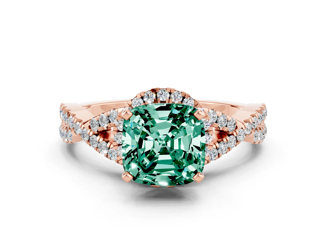 Rose gold Cushion Cut Green Sapphire  Halo Twist Band Solitaire Prong Setting Ring_42