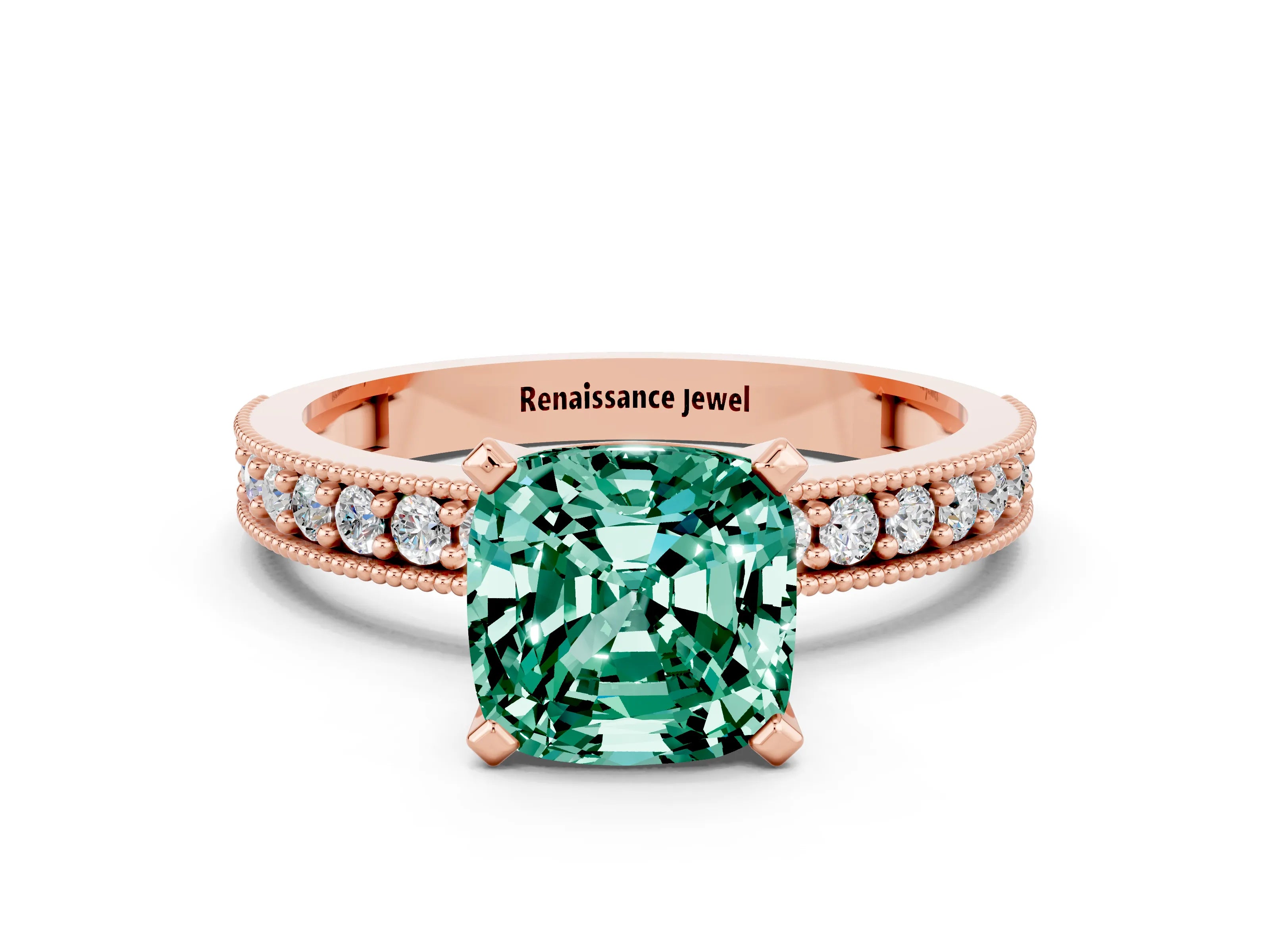 Rose gold Cushion Cut Green Sapphire Milgrain Pavé Engagement Ring with Four-Prong Setting_12