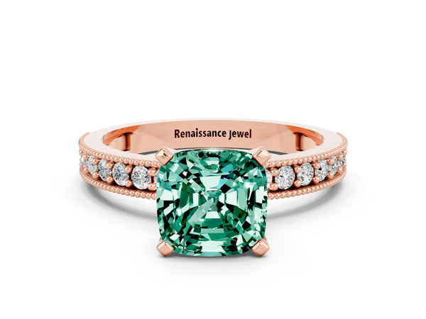 Rose gold Cushion Cut Green Sapphire Milgrain Pavé Engagement Ring with Four-Prong Setting