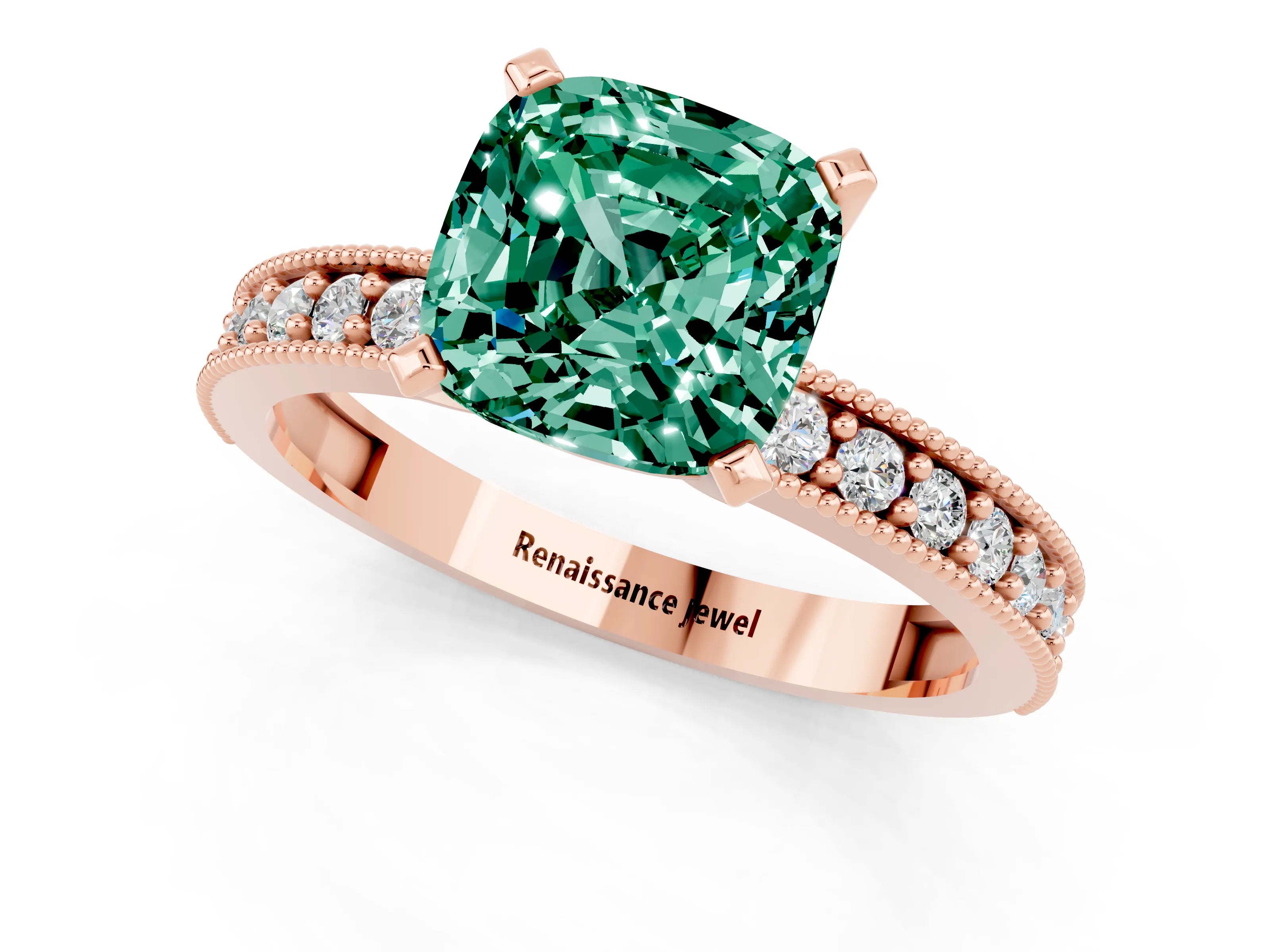 Rose gold Cushion Cut Green Sapphire Milgrain Pavé Engagement Ring with Four-Prong Setting_13