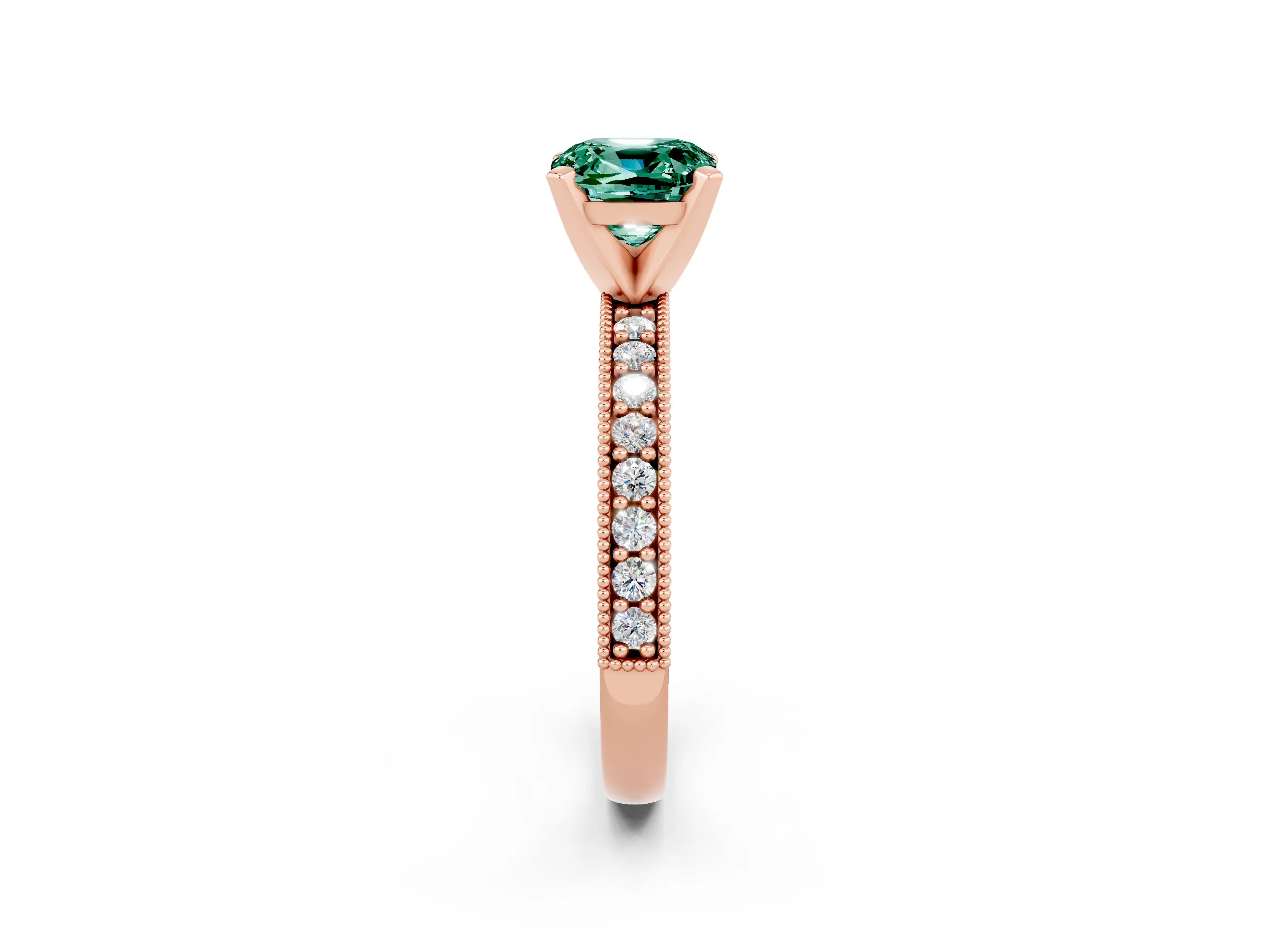 Rose gold Cushion Cut Green Sapphire Milgrain Pavé Engagement Ring with Four-Prong Setting_14