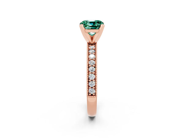 Rose gold Cushion Cut Green Sapphire Milgrain Pavé Engagement Ring with Four-Prong Setting