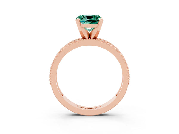 Rose gold Cushion Cut Green Sapphire Milgrain Pavé Engagement Ring with Four-Prong Setting