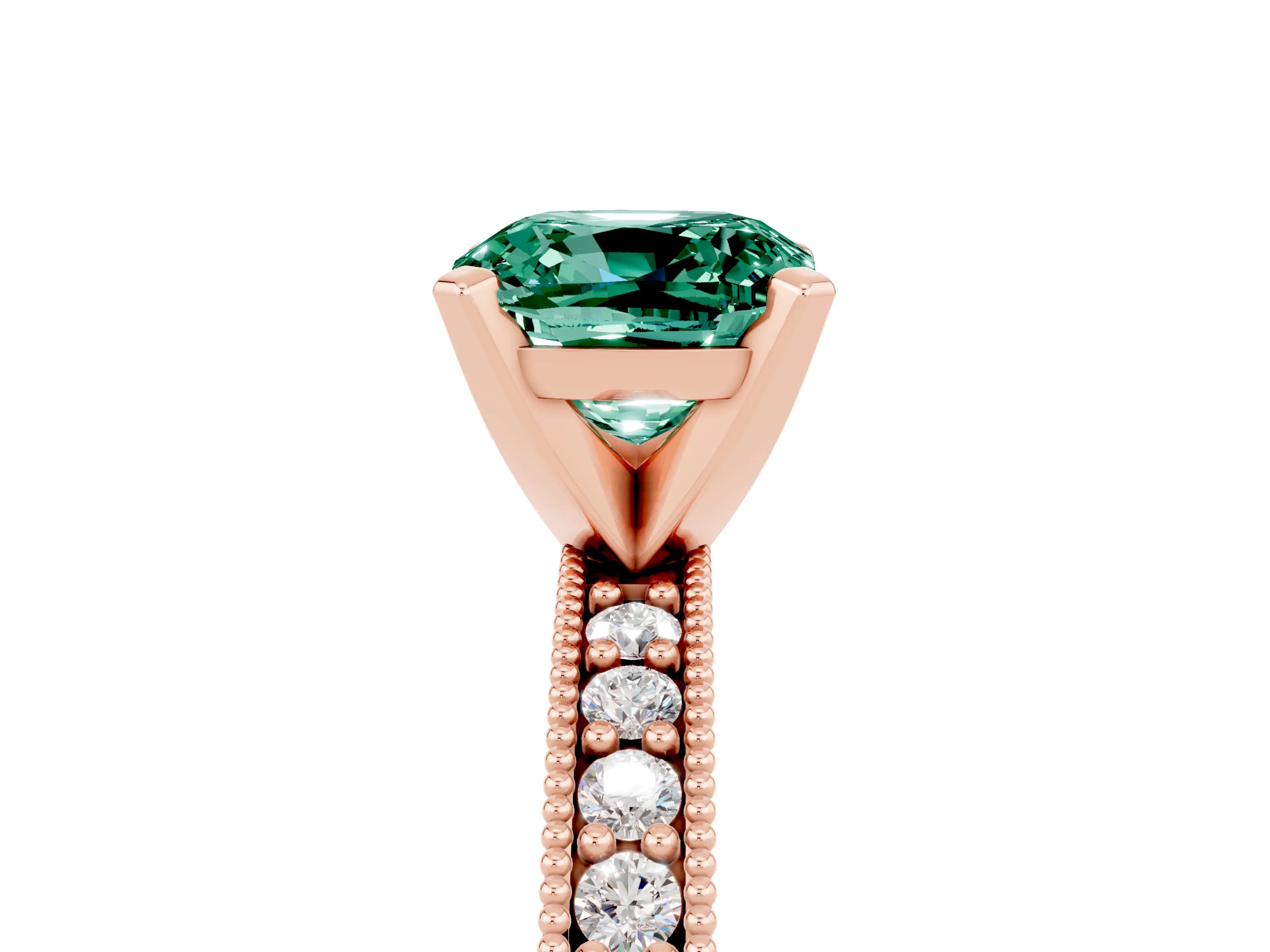 Rose gold Cushion Cut Green Sapphire Milgrain Pavé Engagement Ring with Four-Prong Setting_17