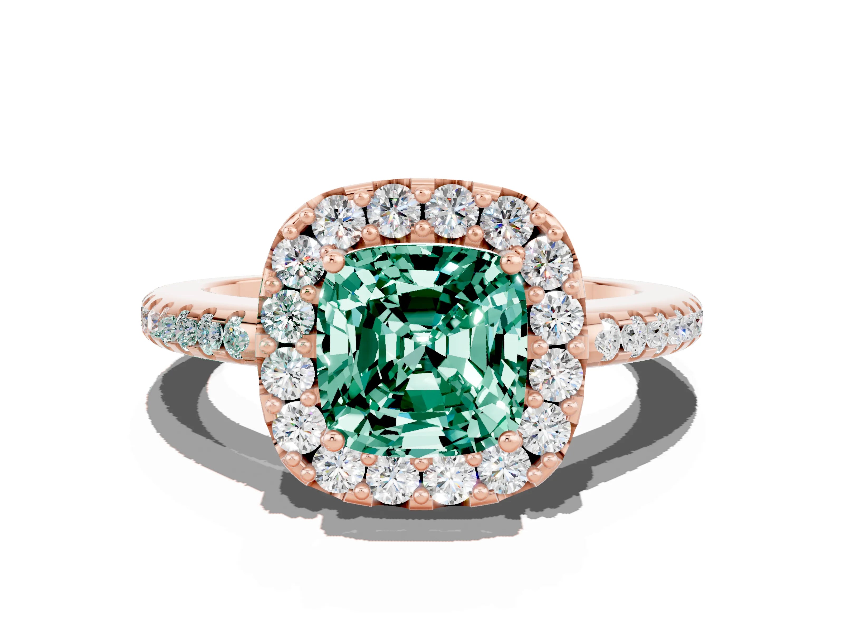Rose gold Cushion Cut Green Sapphire Pavé Halo Ring with Four-Prong Setting_12