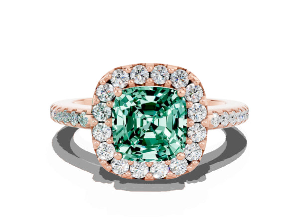 Rose gold Cushion Cut Green Sapphire Pavé Halo Ring with Four-Prong Setting