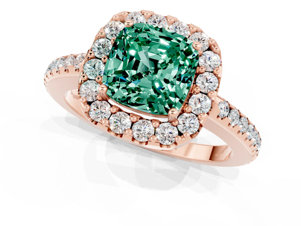 Rose gold Cushion Cut Green Sapphire Pavé Halo Ring with Four-Prong Setting