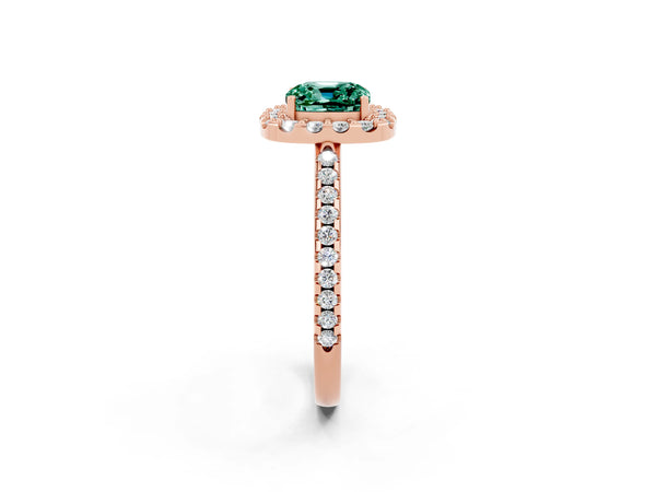 Rose gold Cushion Cut Green Sapphire Pavé Halo Ring with Four-Prong Setting