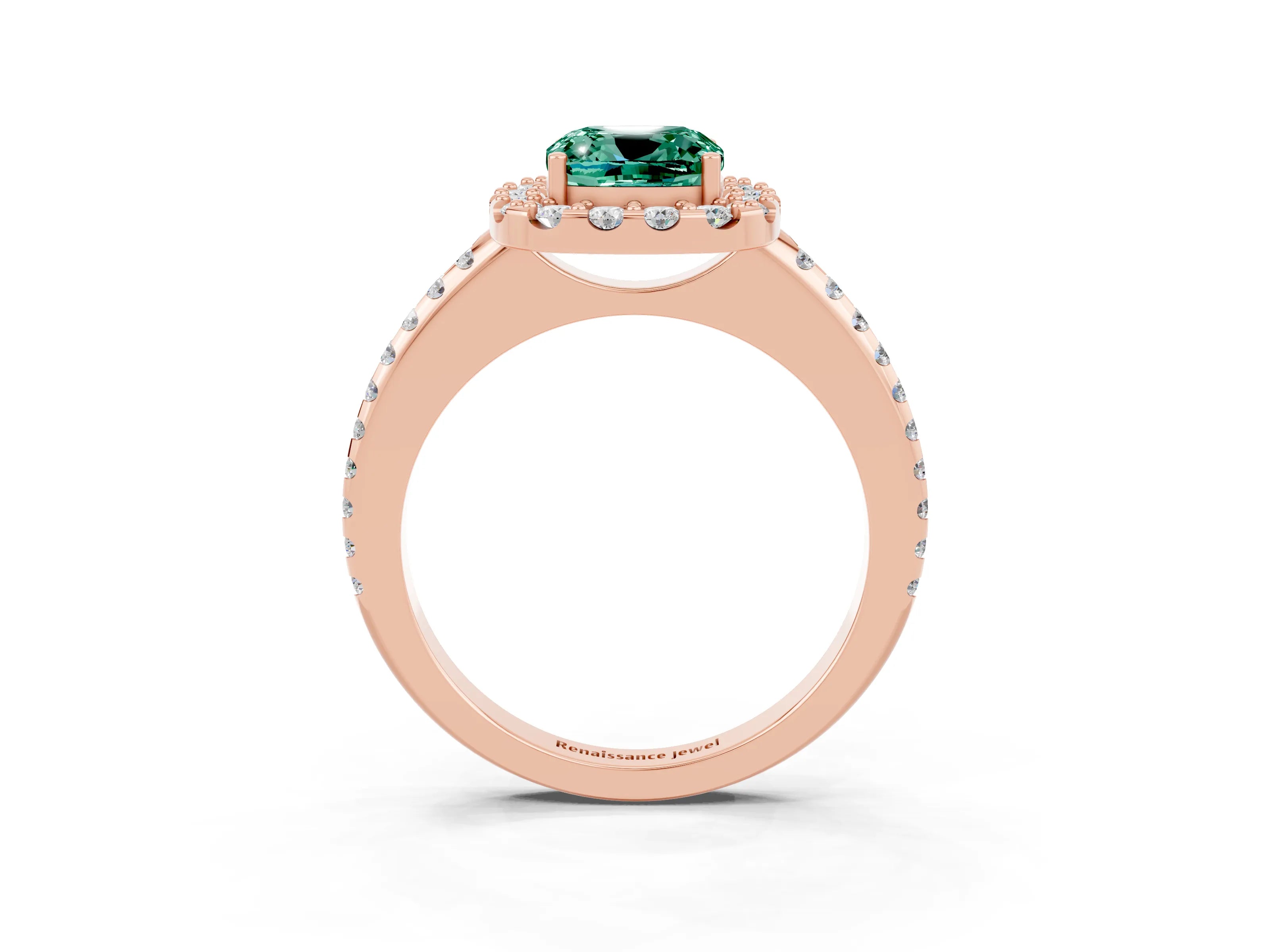 Rose gold Cushion Cut Green Sapphire Pavé Halo Ring with Four-Prong Setting_15
