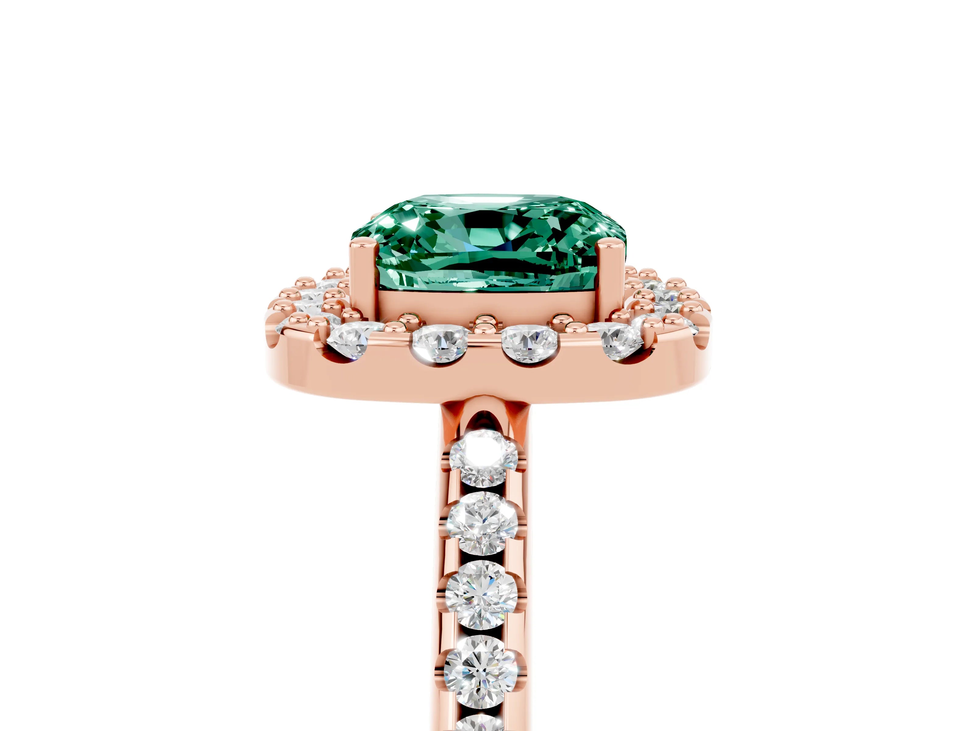 Rose gold Cushion Cut Green Sapphire Pavé Halo Ring with Four-Prong Setting_17