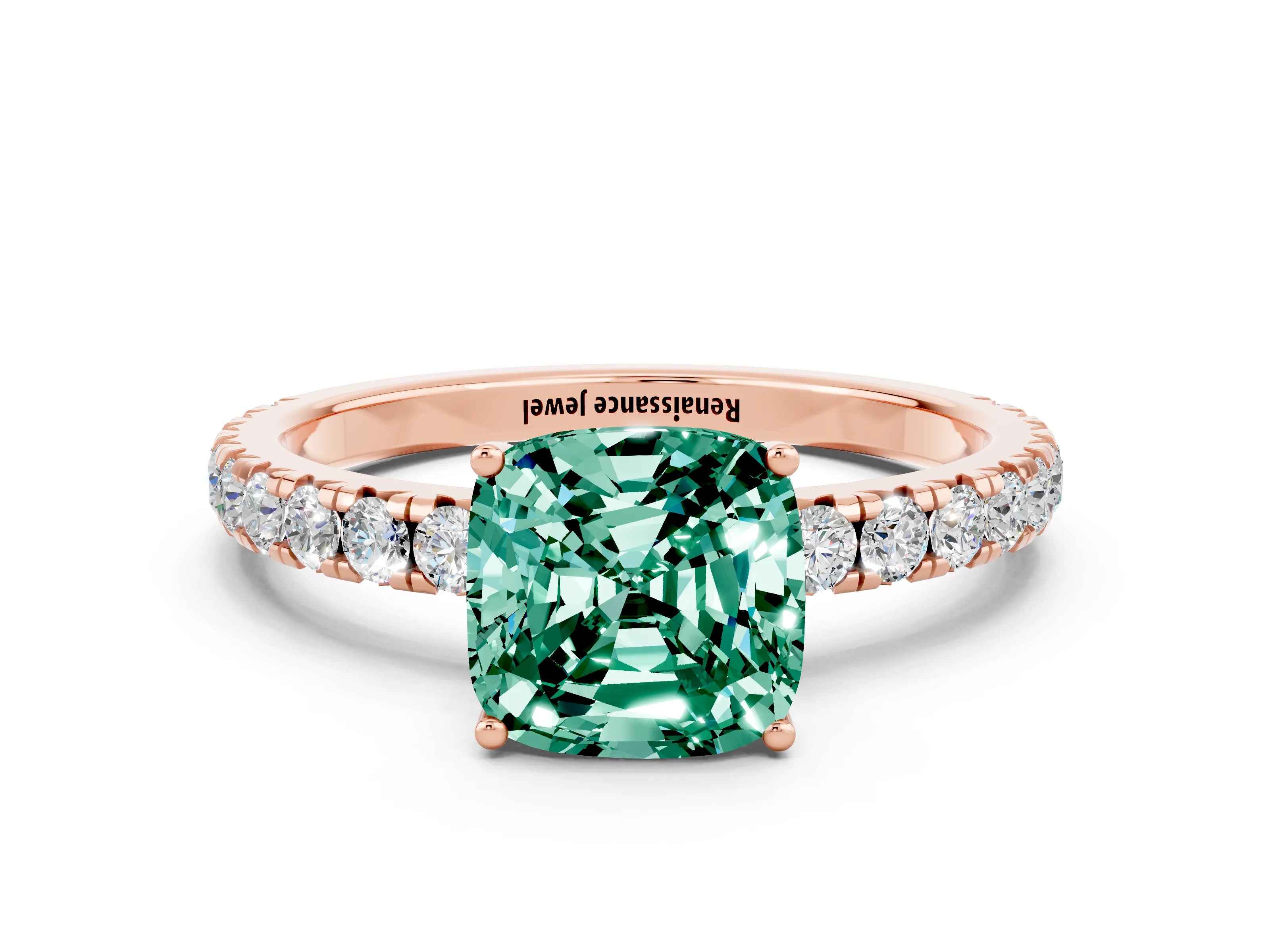 Rose gold Cushion Cut Green Sapphire Pavé Solitaire Engagement Ring with Four-Prong Setting_12