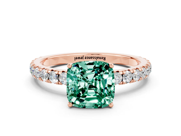 Rose gold Cushion Cut Green Sapphire Pavé Solitaire Engagement Ring with Four-Prong Setting