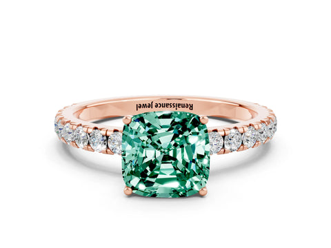 Rose gold Cushion Cut Green Sapphire Pavé Solitaire Engagement Ring with Four-Prong Setting_12