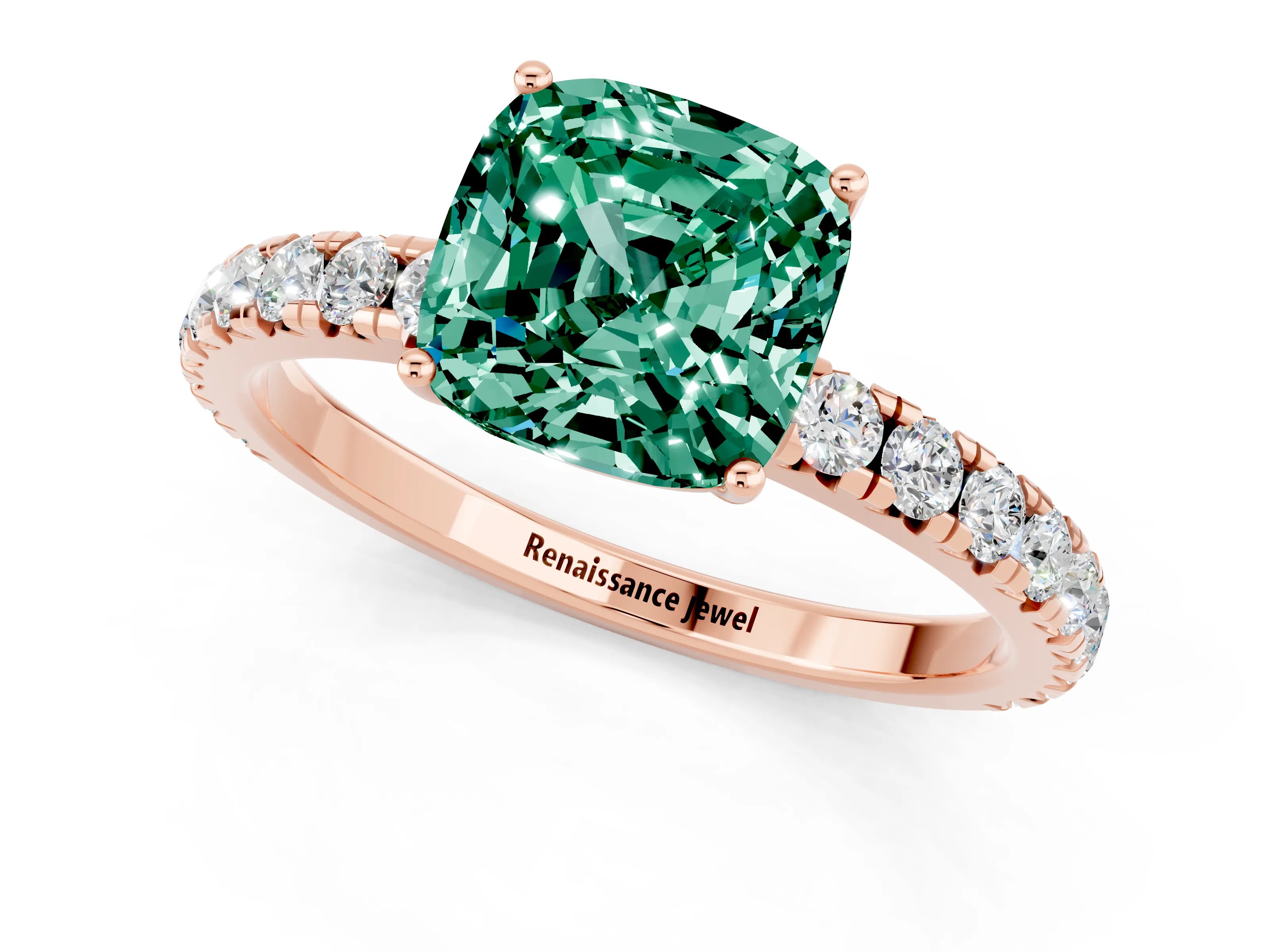 Rose gold Cushion Cut Green Sapphire Pavé Solitaire Engagement Ring with Four-Prong Setting_13