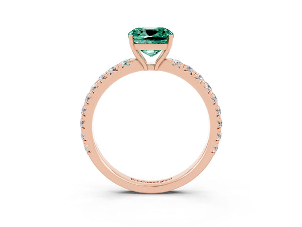 Rose gold Cushion Cut Green Sapphire Pavé Solitaire Engagement Ring with Four-Prong Setting